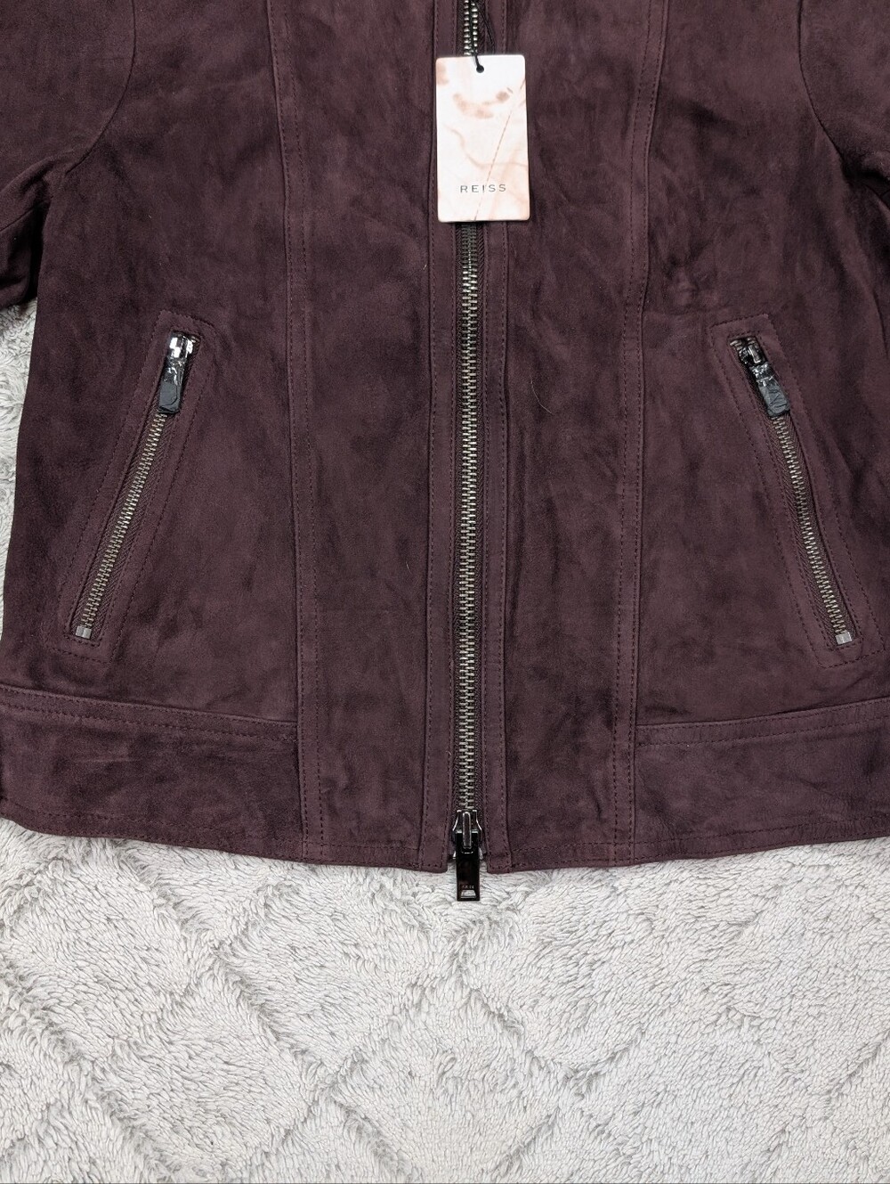 Reiss Jacket Womens 8 Purple Bordeaux Dawn Suede Goat Leather Biker Slim Fit - Picture 4 of 10